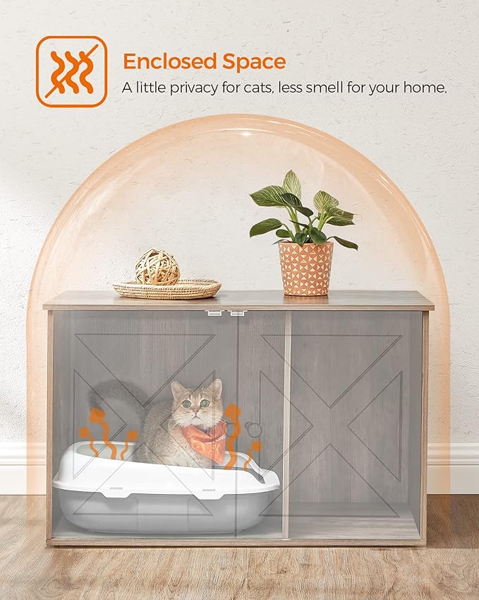 Feandrea Cat Litter Box Enclosure, Litter Box Furniture Hidden with Removable Divider, Indoor Cat House, End Table, 31.5 x 20.9 x 19.7 Inches, Greige UPCL002G01-PawvioPets