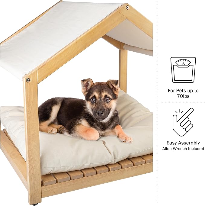 Dog House - 30x24-Inch Indoor Dog House with Soft Cushion and Adjustable Canopy - Wood Dog Furniture for Small to Medium Pets up to 70lbs by PETMAKER-PawvioPets