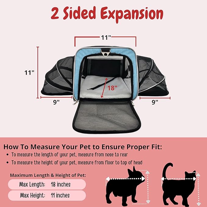 Airline Approved Expandable Premium Pet Carrier on Wheels- Two Sided Expandable Rolling Carrier- Designed for Dogs & Cats- Extra Spacious Soft Lined Carrier! - Light Blue-PawvioPets