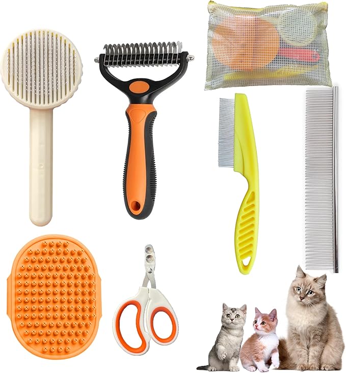 Cat Grooming Brush Kit 6 Tools - Deshedding & Dematting for Long/Short Hair, Self-Cleaning Slicker Brush with 6-in-1 Flea Comb for Cats & Kittens (Orange)-PawvioPets