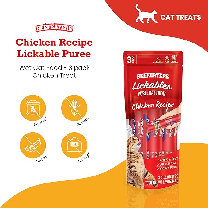 Beefeaters Cat Treats Lickable Puree 1.59oz (12-Pack) – Chicken, Grain-Free, Taurine-Enriched, Ideal for Training & Interactive Feeding-PawvioPets