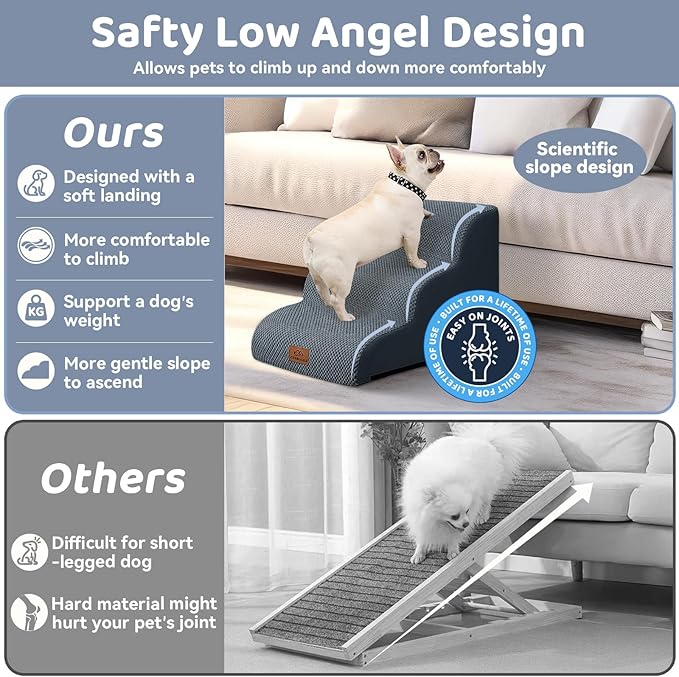 Dog Ramp and Stair for Bed 16" H-20 H,3-Step Cat Stair for Sofa and Chair,4-Step Dog Ramp for High Bed and Window,Durable Nonslip Fabric Cover for Indoor (Dark Grey-16 H, Pet Friendly, 3)-PawvioPets