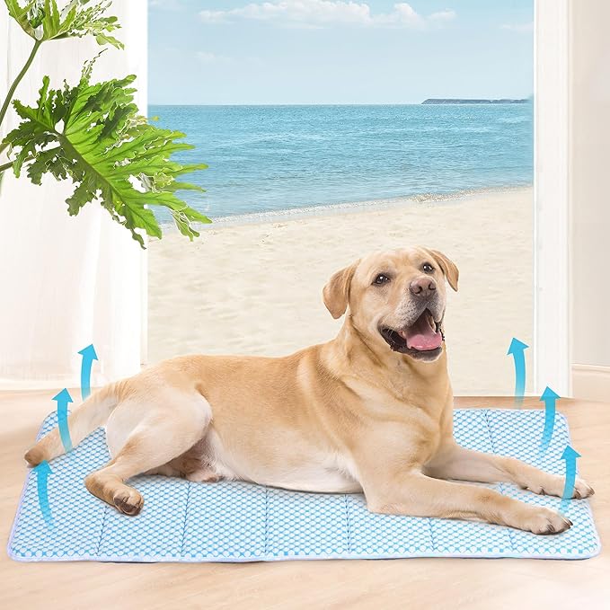 Dog Cooling Mat for Large Dogs - 41x27 Orthopedic Memory Foam Pet Pad for Summer, QMAX>0.5, Washable Premium Comfort Crate Pad for Your Furry Companion, Blue-PawvioPets