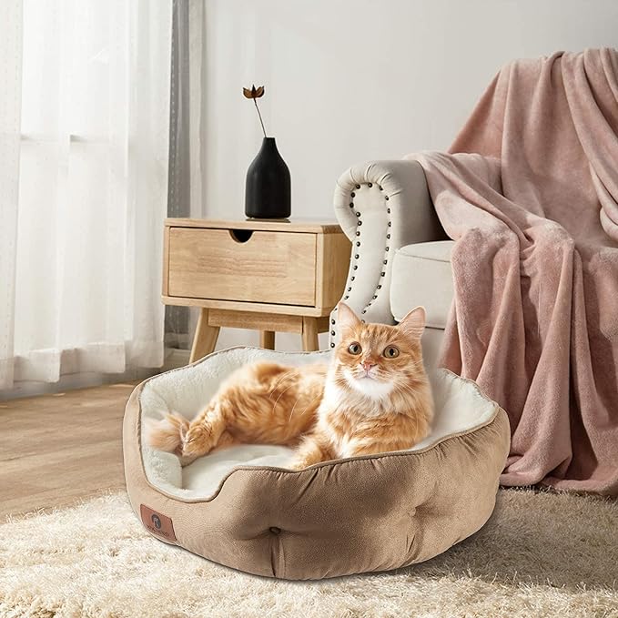 Asvin Small Dog Bed for Small Dogs, Cat Beds for Indoor Cats, Pet Bed for Puppy and Kitty, Extra Soft & Machine Washable with Anti-Slip & Water-Resistant Oxford Bottom, Light Brown, 20 inches-PawvioPets