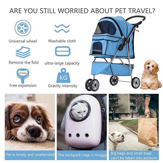 Dog Stroller,3 Wheels Travel Folding Pet Stroller for Small Medium Dog Cat Jogger Stroller with Storage Basket Removable Liner Blue-PawvioPets
