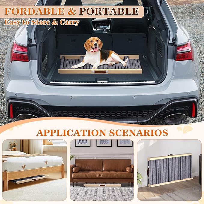 Dog Ramp for Car, 71''x 17'' Extra Long Deluxe Telescoping Design Wooden Pet Ramp, Pet Stair Ramps for Truck SUV with Non-Slip Surface, Portable Outdoor Dog Steps for Medium Large Dogs, Up to 250LBS-PawvioPets