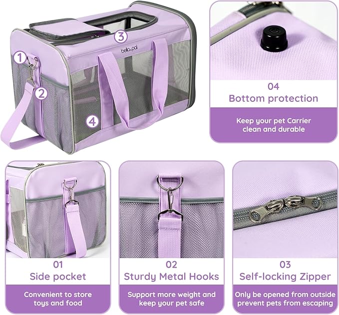 BELLA & PAL Cat Carrier Travel Bag, Airline Approved Lightweight Cat Carrier, Soft Sided Pet Carrier for Puppy Dogs Up to 18lbs, Collapsible Kitten Bag with Removable Waterproof Mat, Ventilated Mesh-PawvioPets