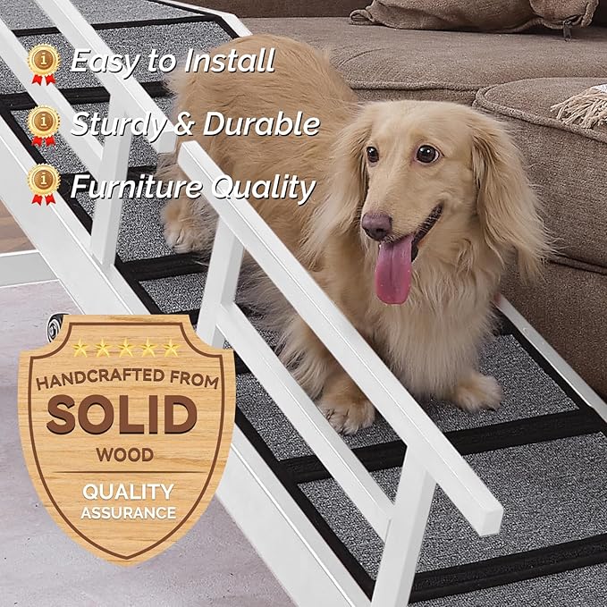 Dog Ramp for Bed or Couch, Wooden Pet Ramp with 20° Gentle Slope, Removable Side Rails, Non-Slip Surface, Top Platform & Wheels, Safe Bed Ramp for Small, Medium & Senior Dogs, 60" Long, White-PawvioPets
