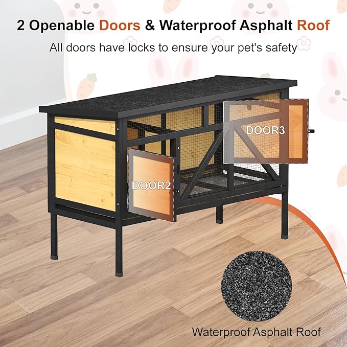 46.7" Rabbit Cage Elevated Bunny Cage Indoor, Outdoor Rabbit Hutch Hamster Cages for Small Animals, Wooden Guinea Pig Cages with Removable Tray & Waterproof Asphalt Roof & Bottom Wire Mesh-PawvioPets