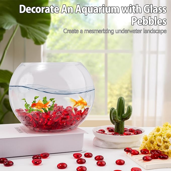 1LB Red Glass Marbles, Transparent and Smooth Flat Glass Beads for Vases, Mosaic Gem Pebbles for Aquarium Decor, Floral Arrangements, Mancala Stones, Vase Filler and Crafts (Approx. 80-100 PCS)-PawvioPets