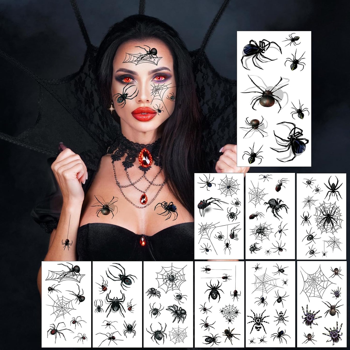 80+ PCS Halloween Spider Web Temporary Tattoos Halloween Makeup Kit for Women Adults, Halloween Face Tattoos Realistic 3D Spider Web Fake Tattoos for Kids Halloween Temporary Tattoos