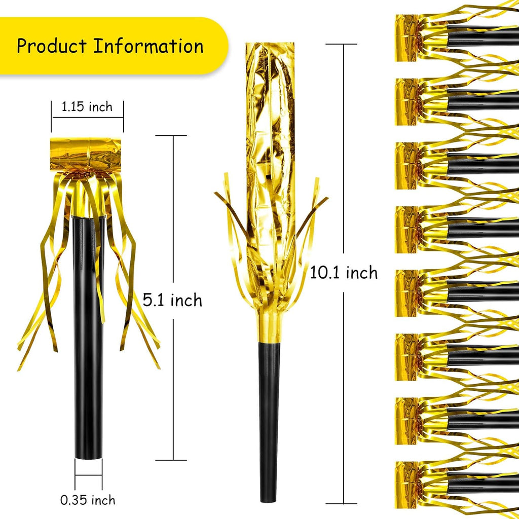 Skylety 18 Pcs Party Blower Noisemakers Party Squawkers Blowouts Whistles Fringed Noise Maker Musical Blowouts for Birthday Supplies(Black and Gold)