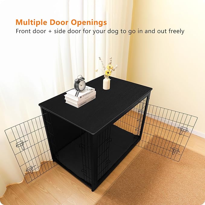 DWANTON Dog Crate Furniture with Cushion, Wooden Kennel Table with Double Doors, Indoor Dog House, Extra Large Size, 43.3" L, Black-PawvioPets