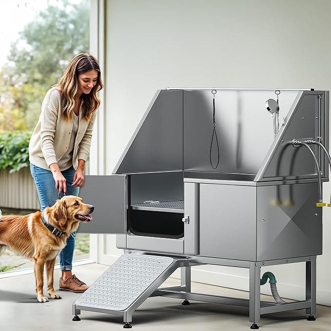 DWVO Professional Pet Dog Bathing Station for Grooming, 50'' Dog Grooming Bathtub with Left Ramp, Floor Grate, Faucet, Showerhead & Soap Holder for Large, Medium & Small Pets-PawvioPets