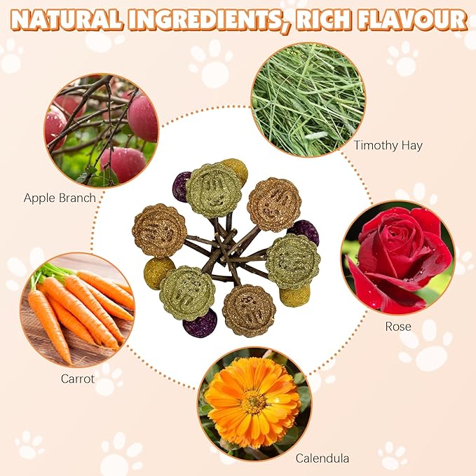 Fhiny Rabbit Chew Toys, 15 PCS Natural Bunny Lollipop Chew Sticks Handmade Guinea Pig Molar Treats for Teeth Small Animals Snacks for Guinea Pig Bunny Chinchilla Hamster Gerbil Teeth Care-PawvioPets