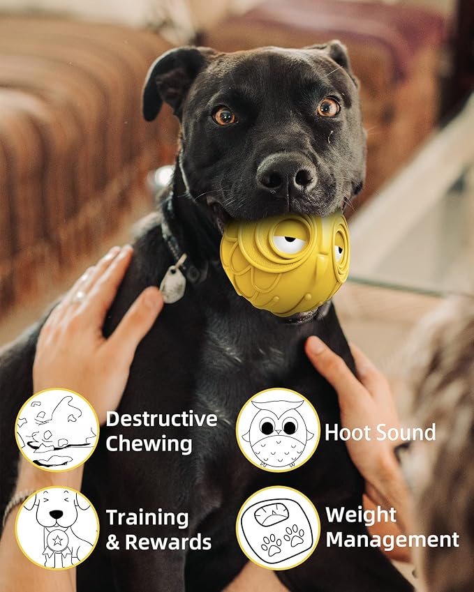 Giggle Ball for Dogs Owl Toys for Puppy Interactive Dog Toy Medium Large Dogs Natural Rubber Cute Hoot Fun Gift for Dog (Yellow Owl)-PawvioPets