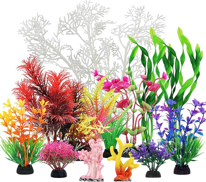 Aquarium Decorations Plants with Resin Coral, 12 pcs Fish Tank Accessories, Fish Tank Decorations Small Plants Plastic, Aquarium Decor Artificial Plant-PawvioPets
