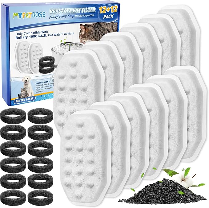 24 Pack Stainless Steel Cat Fountain Filters Compatible with Rellaty & Fit for Neareal Cat Fountain 108oz/3.2L, Replacement for Automatic Pet Fountain Dog Water Dispenser-PawvioPets