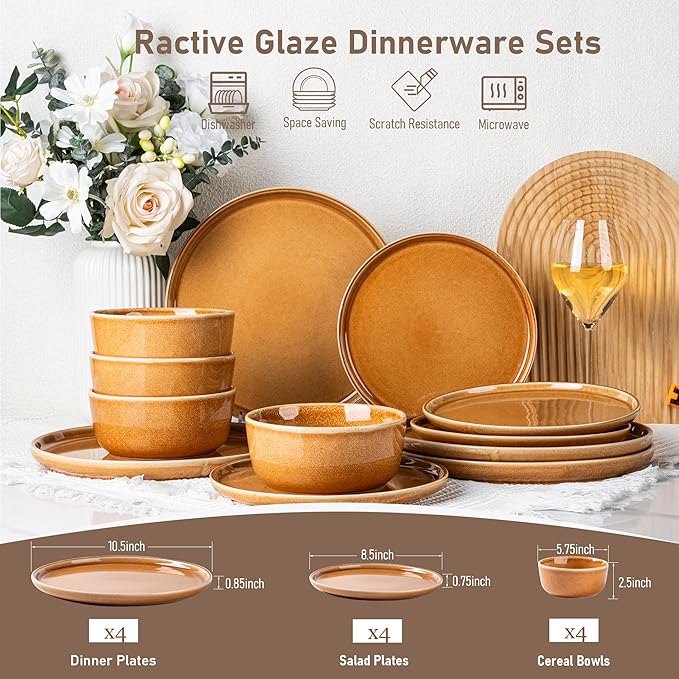GBHOME Ceramic Dinnerware Sets for 4, 12 Pieces Stoneware Plates and Bowls Sets, Scratch Resistant Dishes, Dishwasher & Microwave Safe, Reactive Glaze-Amber-PawvioPets