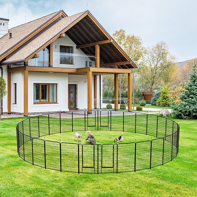 Dog Playpen Outdoor Extra Wide 32 Panels Heavy Duty Dog Fence 50" Height Anti-Rust with Doors Portable for RV Camping Yard, Total 84FT, 561 Sq.ft, Snowy Black-PawvioPets