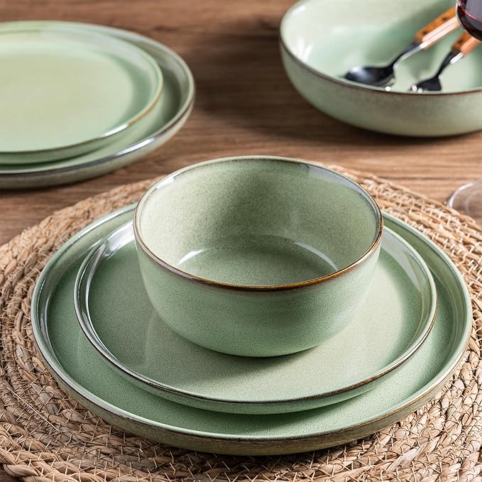 GBHOME Ceramic Dinnerware Sets for 8, 24 Pieces Stoneware Plates and Bowls Sets, Scratch Resistant Dishes, Dishwasher & Microwave Safe-Pastel Green-PawvioPets