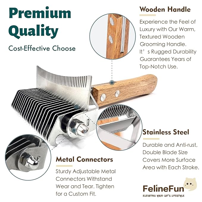 FelineFun Cat Brush for Dematting & Deshedding, 2 in 1 Undercoat Rake, Efficiently Remove Loose Hair & Matted Fur, Professional Shedding Comb for Indoor Cats & Long Haired Cats-PawvioPets