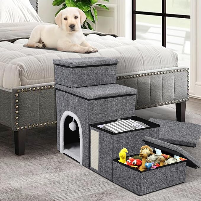 Dog Stairs for Bed and Couch 23“H, Foldable Dog Stairs for Small Older Dogs, 4 in 1 Adjustable Pet Cat Steps Ramps with Storage, Condo, Cat Scratcher, Hold Up to 180LBS, 4 Steps-PawvioPets