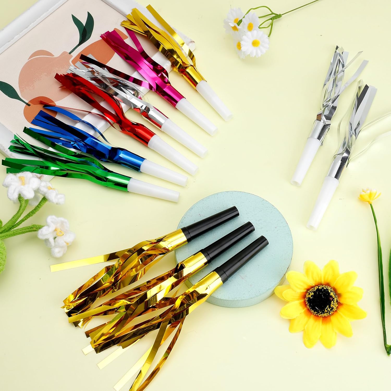 Party Blowers, 24 PCS New Years Noise Makers, Glitter Metallic Fringed Party Blowouts for Kids Birthday Graduations, Colorful Blow Horns Whistles for Christmas Weddings Family Sporting Events Supplies