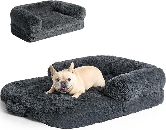 EHEYCIGA Foldable L Dog Bed, Faux Fur Fluffy Dog Couch Bed, Orthopedic Calming Memory Foam L Pet Bed for Large Dogs, Washable Soft Warm Pet Sofa Bed with Non-Slip Bottom, Dark Grey, 40"x30"x6"-PawvioPets