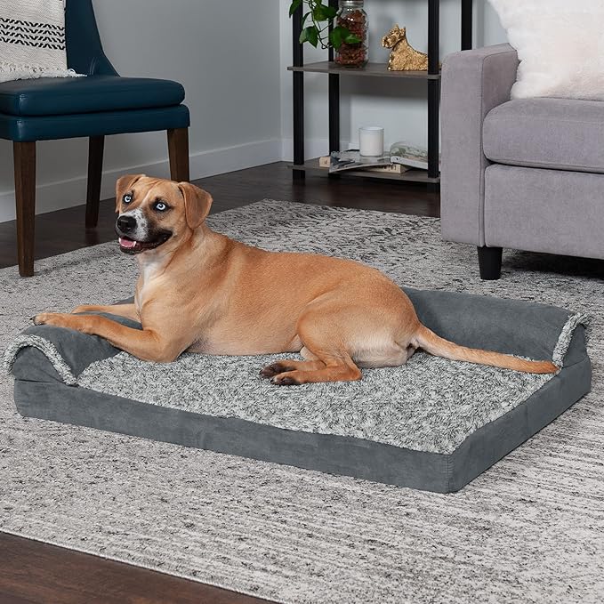 Furhaven Cooling Gel Dog Bed for Large/Medium Dogs w/ Removable Bolsters & Washable Cover, For Dogs Up to 55 lbs - Two-Tone Plush Faux Fur & Suede L Shaped Chaise - Stone Gray, Large-PawvioPets
