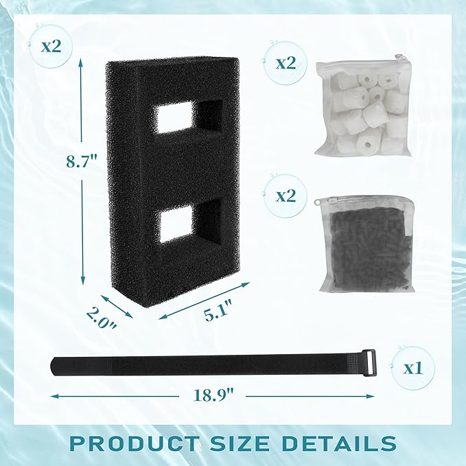 Aquarium Filter Replacement Set, 3-Stage Filtration Compatible with Fluval SPEC EVO Flex Series, Includes 2 Carbon Filter Refills, 2 Foam Filter, 2 Ceramic Rings & 1 Filter Cord-PawvioPets