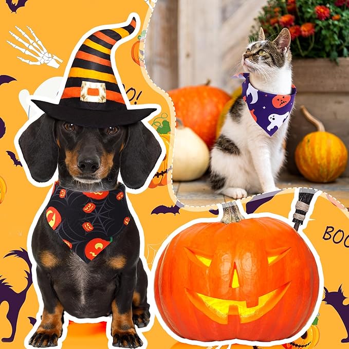 Abbylike 50 Pcs Halloween Dog Bandanas Bulk Pumpkin Bandanas for Dogs Triangle Kerchief Bibs Scarf Set for Pet Halloween Costume Photo Props Accessories Pet Shops, 25 Styles (25.6 x 17.7 x 17.7")-PawvioPets