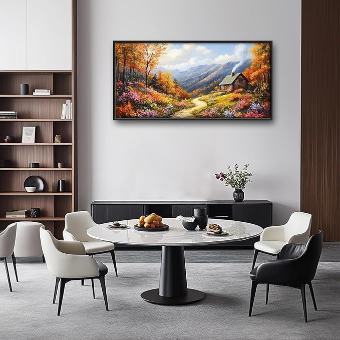 Framed Large Autumn Mountain Wall Art for Living Room, Oversized Wildflower Tree Wall Decor Nature Landscape Canvas Painting Modern Artwork Home Decoration for Living Room Bedroom 60"x30"-PawvioPets