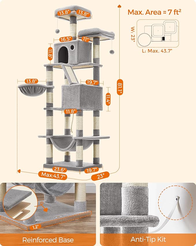Feandrea Cat Tree, 81.1-Inch Large Cat Tower with 13 Scratching Posts, 2 Perches, 2 Caves, Basket, Hammock, Pompoms, Multi-Level Plush Cat Condo for Indoor Cats, Light Gray UPCT190W01-PawvioPets