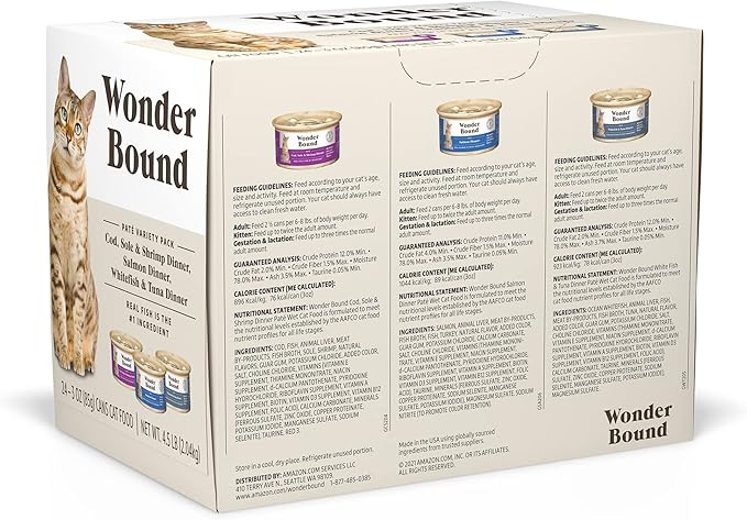 Amazon Brand - Wonder Bound Wet Cat Food, Pate, No Added Grain, Variety Pack (Cod, Sole & Shrimp, Salmon, White Fish & Tuna), 3 ounce (Pack of 24)-PawvioPets