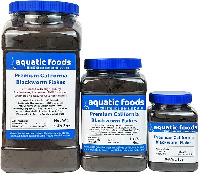 Aquatic Foods Inc. California Blackworm 45% Protein Premium Flakes for Discus, Cichlids, All Tropical Fish Also Pellet Mix, Wafer Mix Included…1-lb 2oz-PawvioPets