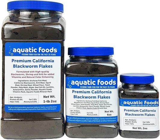 Aquatic Foods Inc. California Blackworm 45% Protein Premium Flakes for Discus, Cichlids, All Tropical Fish Also Pellet Mix, Wafer Mix Included…2oz-PawvioPets