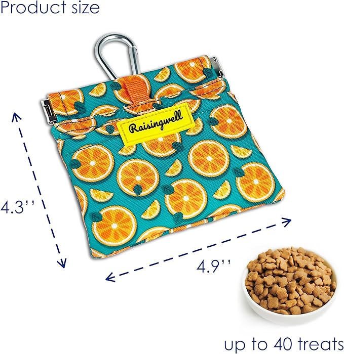 Dog Treat Pouch,Cotton Pocket Sized Training Holder, Hand Free Walking Funny Bag with Carabiner, Self-Closing Pet Feed Snack Reward, Behavior Aids for Puppy Travel or Outdoor Use（Fruit Orange）-PawvioPets