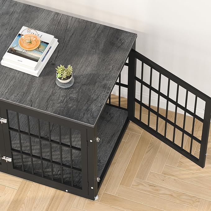 48 Inch Heavy Duty Dog Crate Furniture for Large Dogs, Decorative Pet House End Table, Extra Large Wooden Cage Kennel Furniture Indoor, Black and Gray-PawvioPets