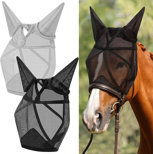 2 Pcs Horse Fly Mask with Ears Adjustable UV Protection Horse Fly Mask Accessories Large Eye Space with Ears for Horses Summer, Black and Gray, L-PawvioPets
