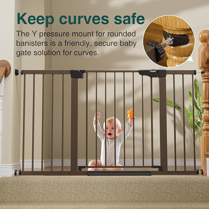 Cumbor 29.7-54.2" Wide Baby Gate for Stairs, Mom's Choice Awards Winner-Self Closing Dog Gate Indoor for Doorways, No Drilling Pressure Mounted Pet Gates for Kids, Easy Walk Through Safety Gate, Brown-PawvioPets