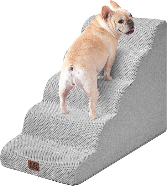 EHEYCIGA Curved Dog Stairs Ramp for High Beds, 5-Step Extra Wide Dog Steps for Small Dogs and Cats, Pet Stairs for High Bed Climbing, Non-Slip Balanced Pet Step Indoor, Light Grey-PawvioPets