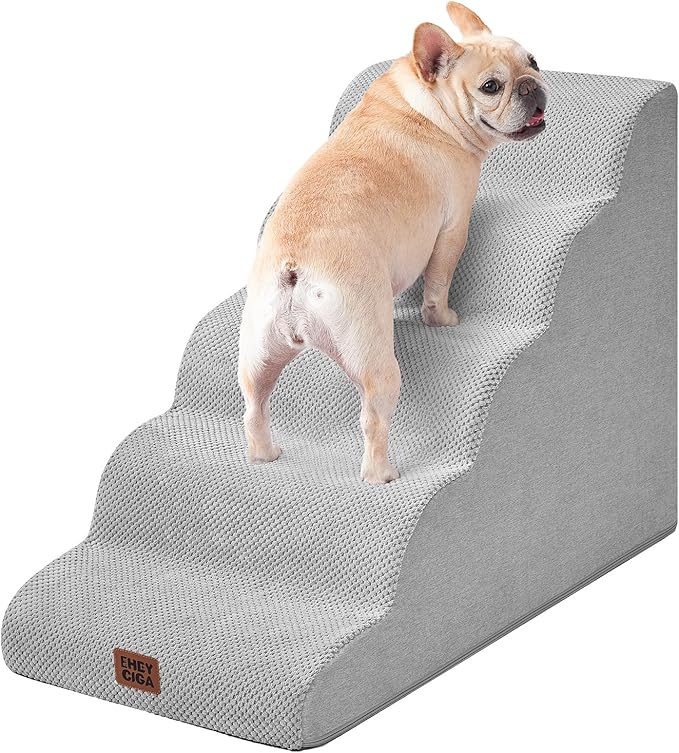 EHEYCIGA Curved Dog Stairs Ramp for High Beds, 5-Step Extra Wide Dog Steps for Small Dogs and Cats, Pet Stairs for High Bed Climbing, Non-Slip Balanced Pet Step Indoor, Light Grey-PawvioPets