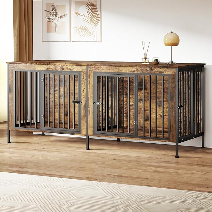 78 Inch Dog Cage Furniture for 2 Large/Medium Dogs with Removable Divider, Extra Large Double Doors Dog Kennel, XXL Thick Wooden Dog cage Furniture, Durable and Sturdy, Brown-PawvioPets