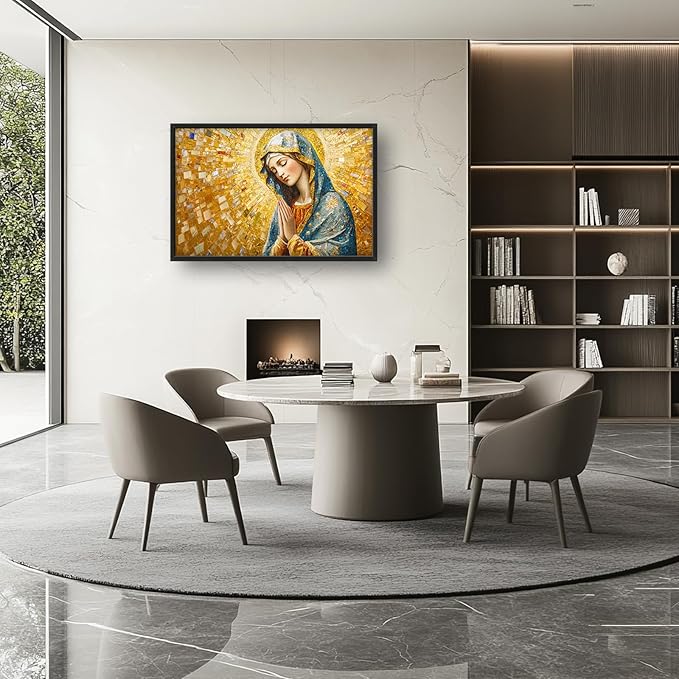 Extra Large Virgin Mary Framed Wall Art for Living Room,Oversized Golden Christian Religious Pictures Wall Decor,Canvas Print Painting Modern Artwork Bedroom Office Bathroom 36L" x 24W"-PawvioPets