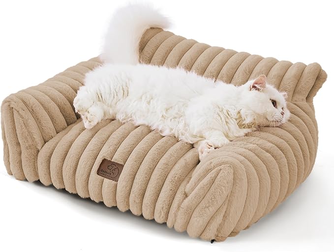 Bedsure Cute Cat Couch for Pets - Fluffy Cat Sofa with Premium Soft Corduroy Fleece, Fuzzy Pet Couch Bed with Removable Washable Cover, Supportive Pet Chair for Indoor Cats, 24inch, Tuscan Beige-PawvioPets