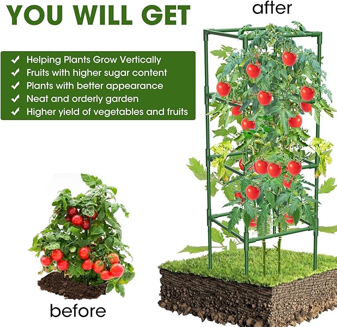 6 Pack Tomato Cages, 41.7" H Square Tomato Plant Stakes Support Cages Trellis for Garden Climbing Vegetables Flowers Fruits,Extra Bold-PawvioPets