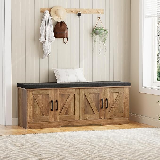 2-Tier Storage Bench, Shoe Bench with Padded Seat Cushion, Entryway Bench with 4 Barn Doors, Adjustable Shelf, 13.8" D x 47.2" W x 17.7" H, for Entryway, Living Room, Bedroom, Rustic Walnut-PawvioPets