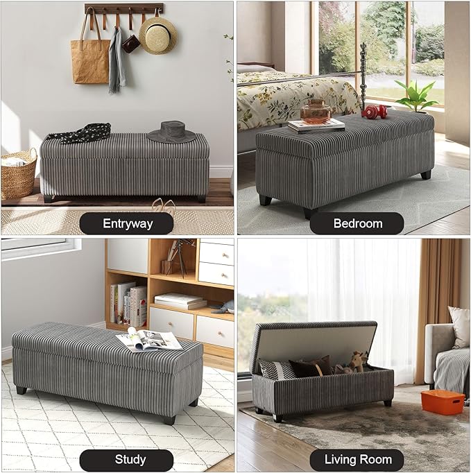 48" Ottoman with Storage, Corduroy Storage Ottoman Bench for Bedroom, End of Bed Bench with Safety Hinge for Living Room, Bedroom, Entryway, Grey-PawvioPets