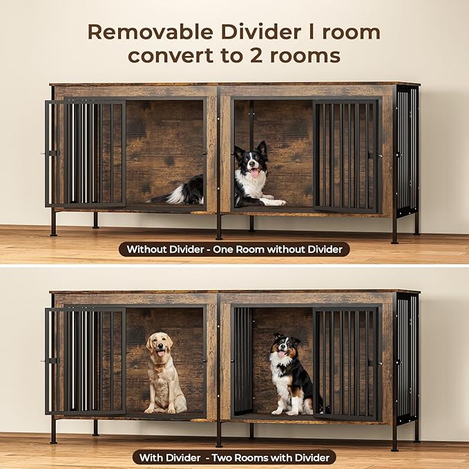 78 Inch Dog Cage Furniture for 2 Large/Medium Dogs with Removable Divider, Extra Large Double Doors Dog Kennel, XXL Thick Wooden Dog cage Furniture, Durable and Sturdy, Brown-PawvioPets
